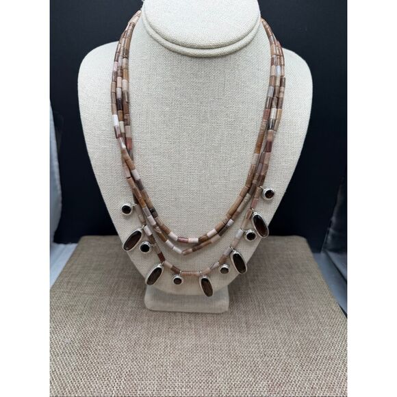 Sterling Silver Multi-Strand Heishi Necklace w/ Smoky Quartz Style Dangles – DR - Picture 8 of 8